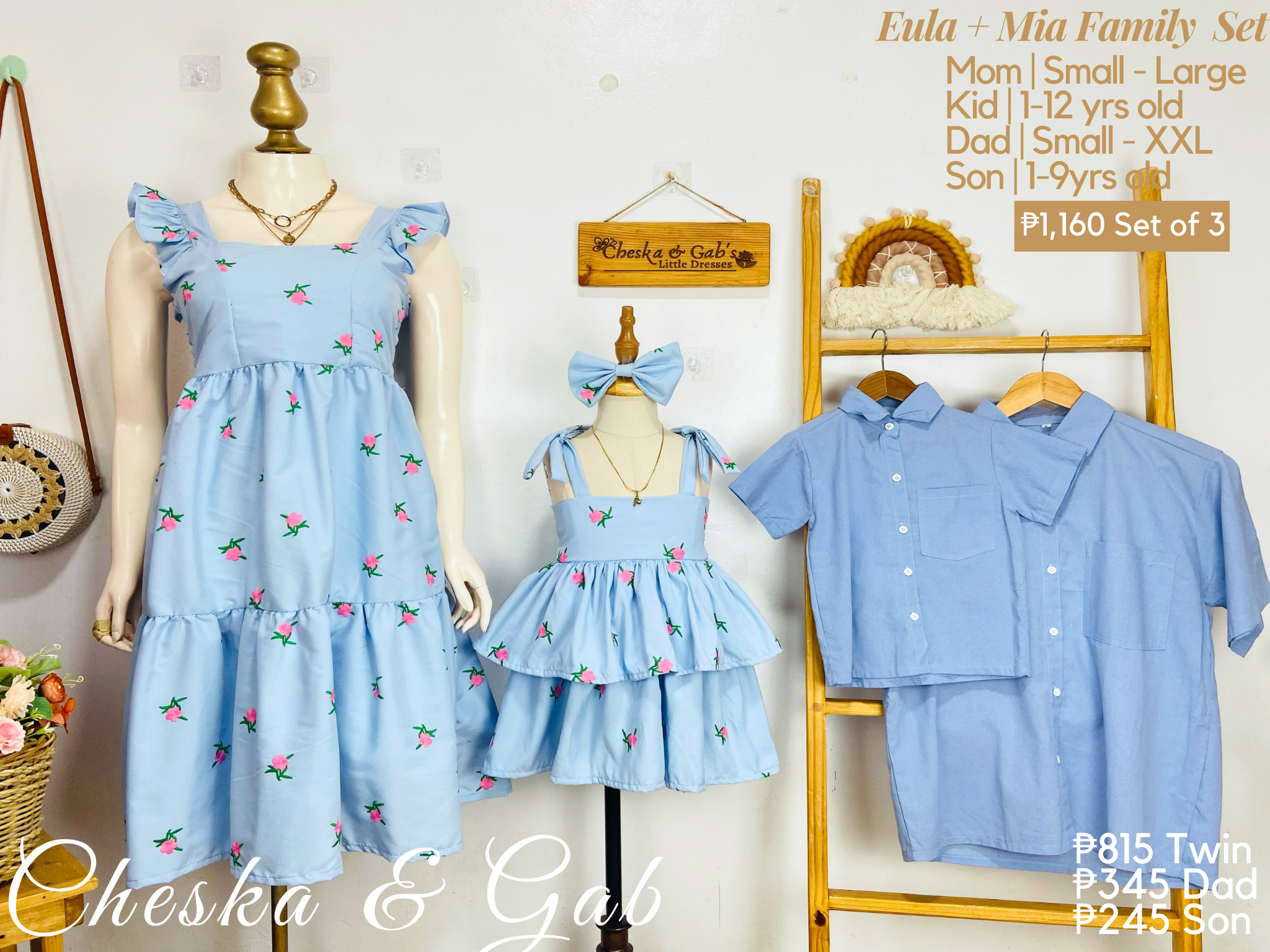 Eula Family Set — baby blue linen matching outfits