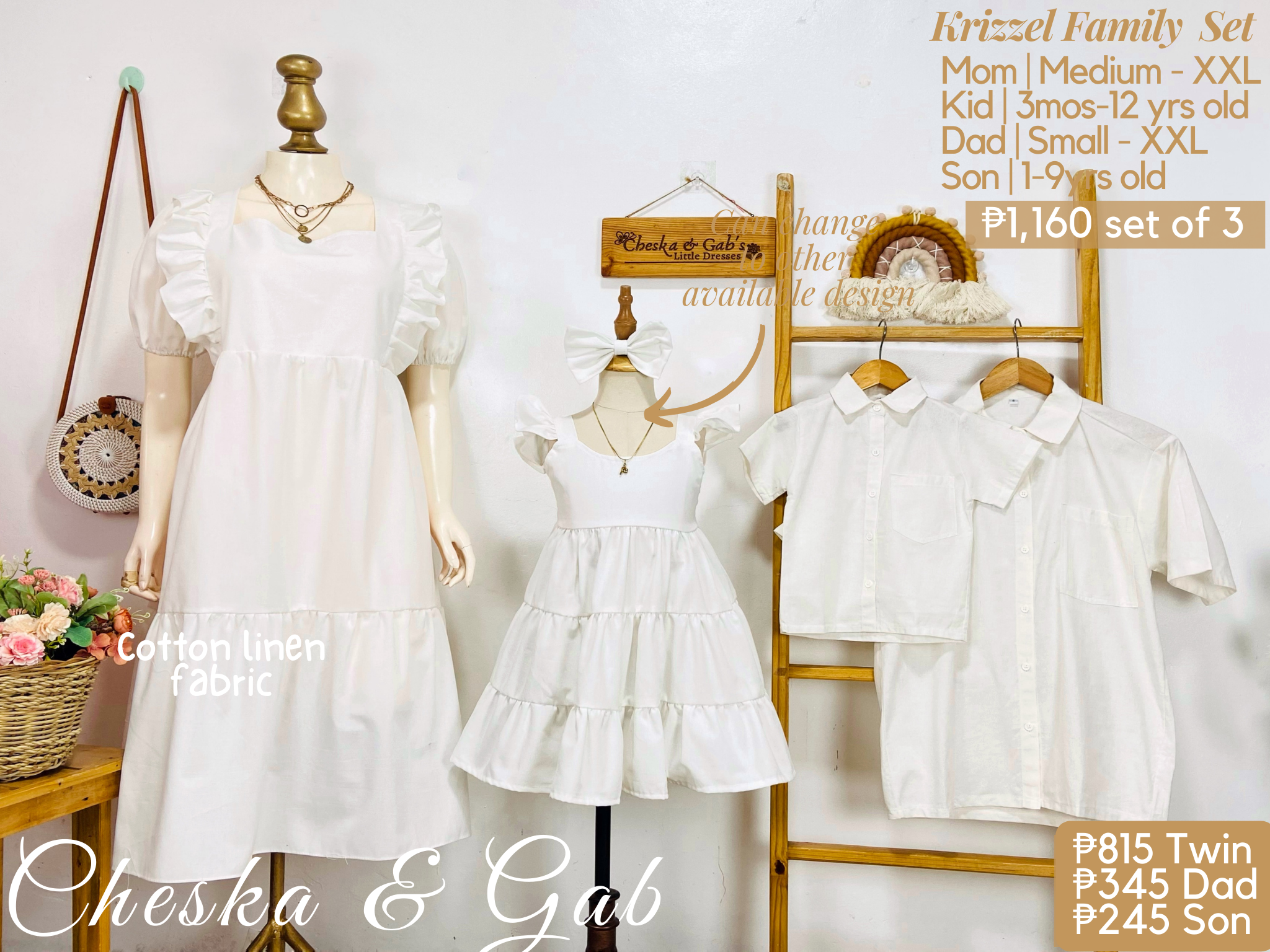 Krizzel Family Set — white cotton linen matching outfits