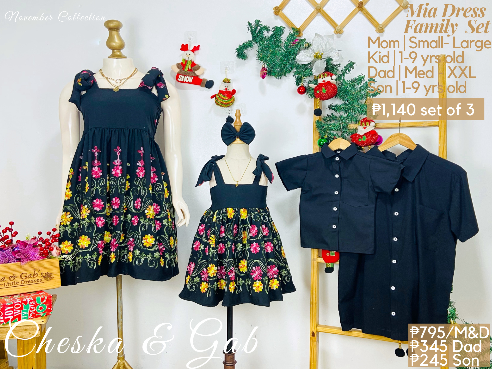 Mia Family Set — soft khaki embroidery matching outfits